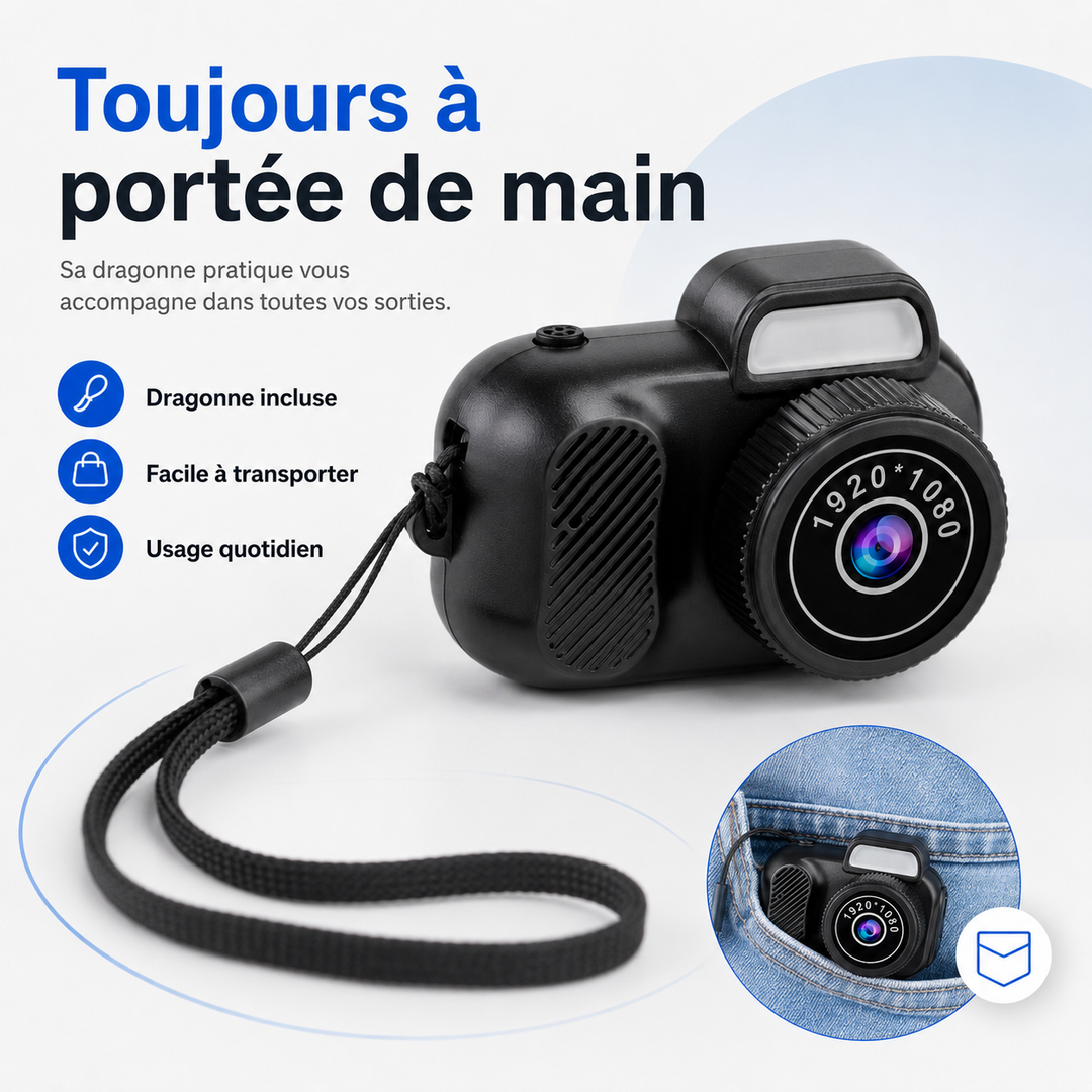 Mini caméra HD avec mémoire extensible, idéale pour de longs enregistrements vidéo.