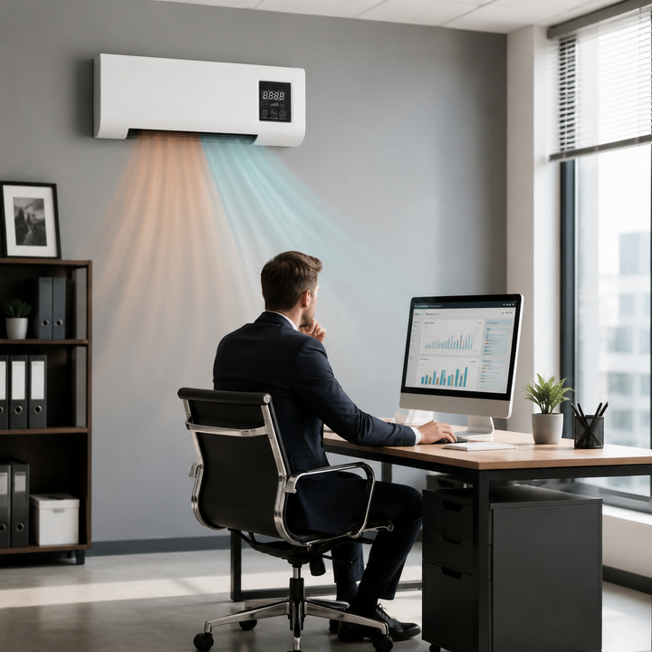 Climatiseur mural intelligent et élégant, assure chauffage/refroidissement efficace. Écran LCD et télécommande pour contrôle aisé.