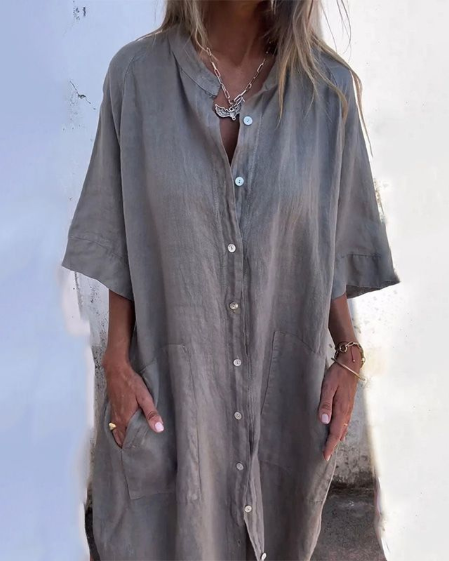 Robe chemise midi femme élégante et décontractée pour l'été, avec manches courtes et boutons, idéale pour le confort.