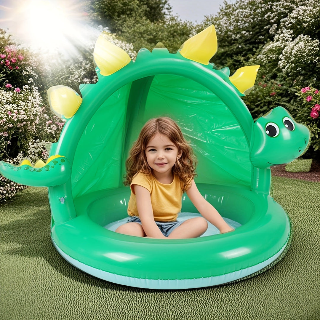 Piscine gonflable dinosaure verte et rose pour bébés avec parasol intégré. Idéale jeux d'eau été.