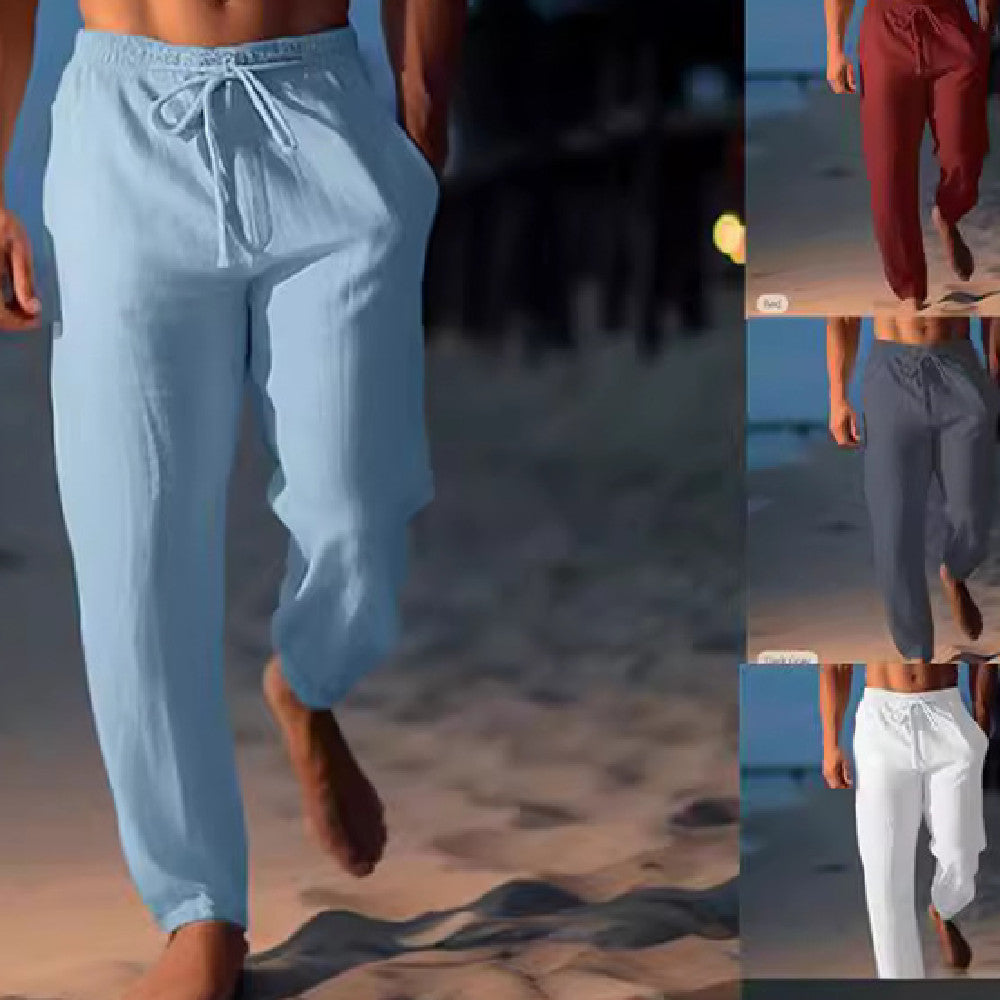 Pantalon de plage homme en lin beige, taille élastique. Respirant et confortable pour l'été décontracté.