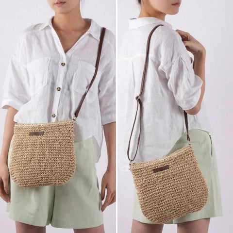 Sac femme chic en paille naturelle, bandoulière ajustable, idéal pour les tenues estivales.