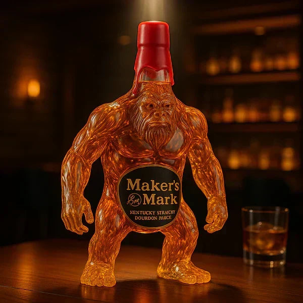 Bouteille de whiskey Bigfoot en verre sculpté, idéale pour collectionneurs et amateurs de sasquatch.