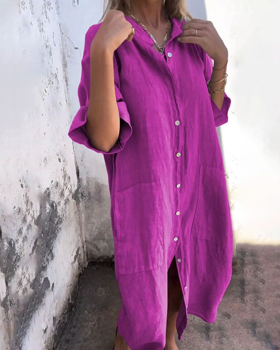 Robe midi boutonnée polyvalente pour femme, coupe chemise décontractée avec poches, parfaite pour une tenue estivale élégante.
