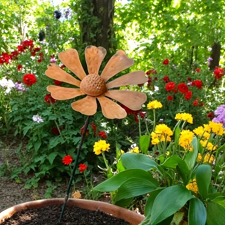 Tuteur de jardin rustique en métal, ornement fleur de camomille pour décor extérieur.