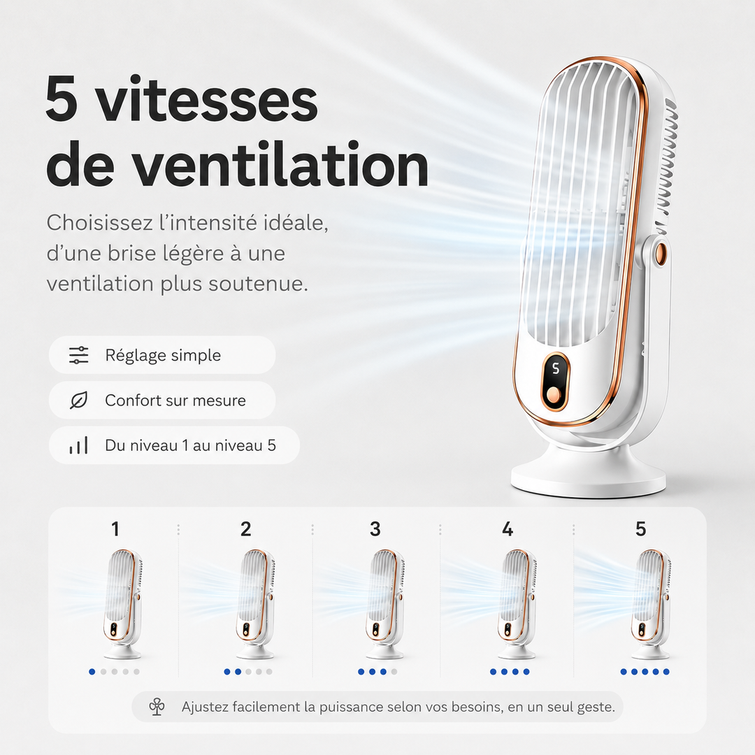 Ventilateur sans fil AeroLux USB 720°, silencieux, refroidisseur personnel pour bureau ou chambre.