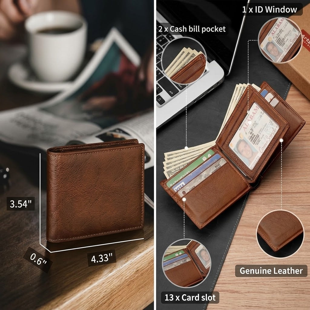Portefeuille homme sécurisé RFID en cuir véritable, élégant, bien organisé pour cartes et monnaie. Un cadeau idéal.