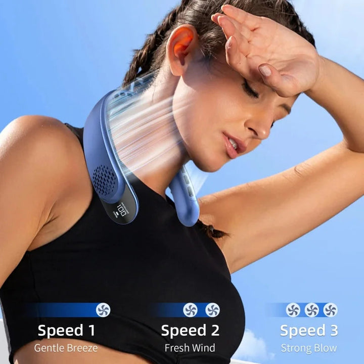Ventilateur de cou portable au design moderne, garantissant un rafraîchissement silencieux et efficace.