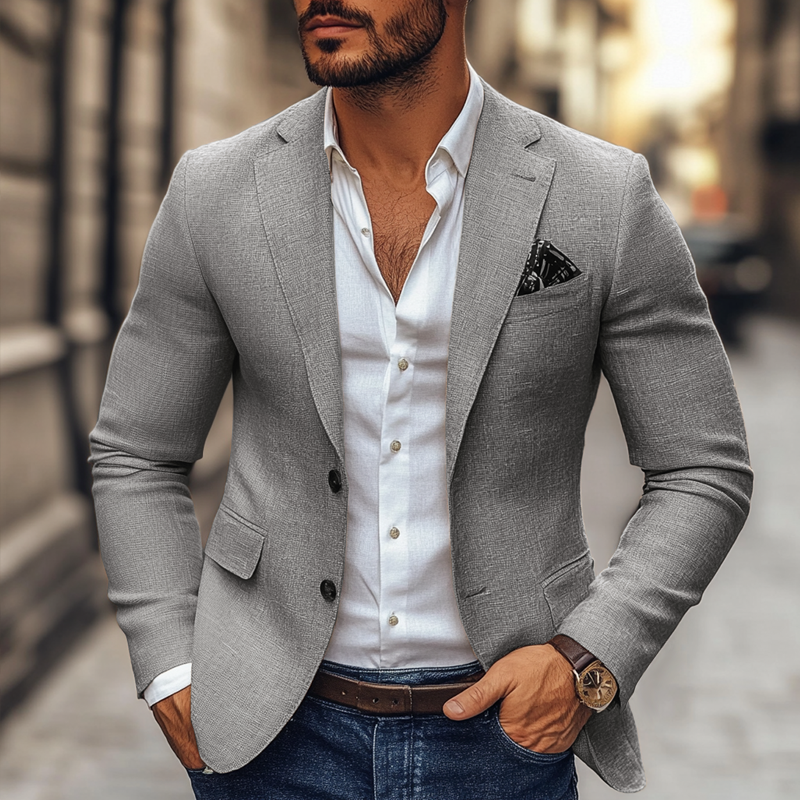 Blazer homme moderne à deux boutons, style chic décontracté, parfait pour bureau.