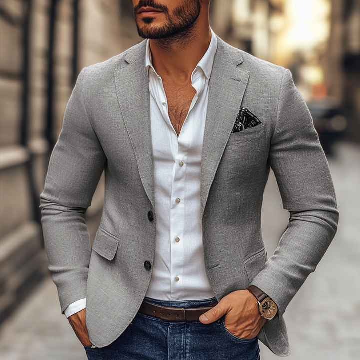 Blazer homme moderne à deux boutons, style chic décontracté, parfait pour bureau.