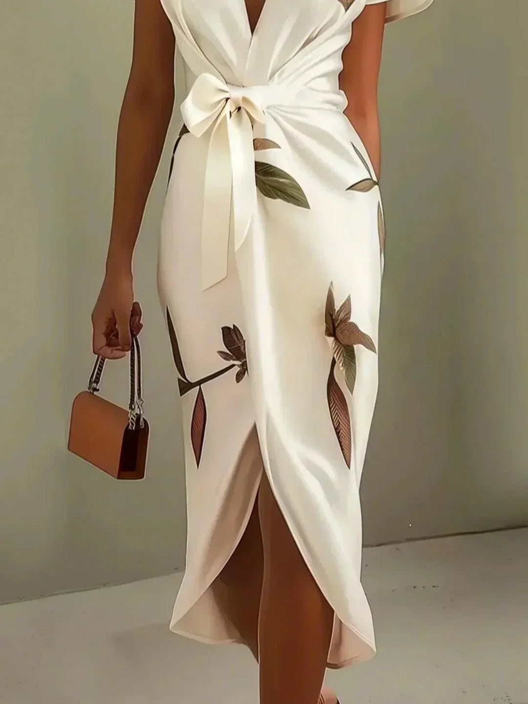 Robe midi portefeuille femme, motif floral printanier, manches courtes et encolure V. Vêtement chic et confortable.