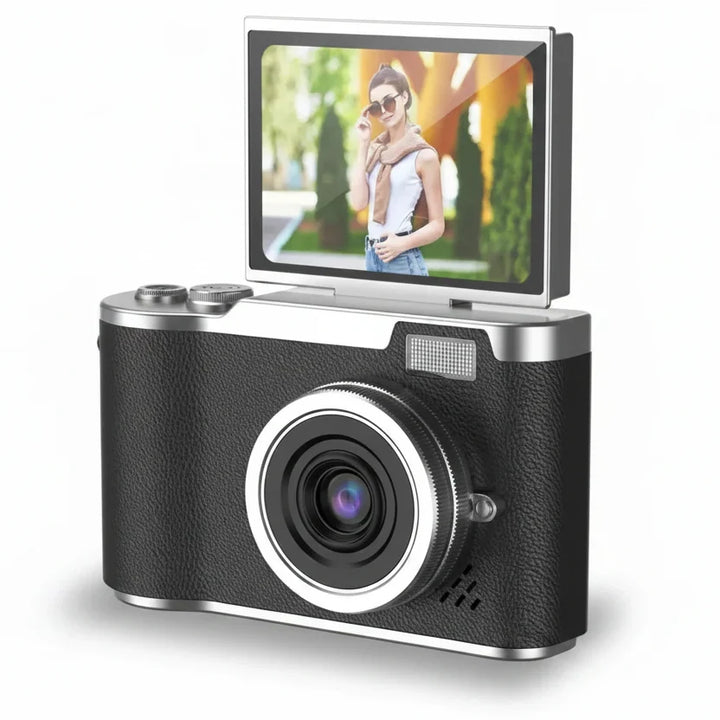 Caméra numérique 4K avec grand écran pivotant, parfaite pour des selfies et vlogs en Ultra HD.