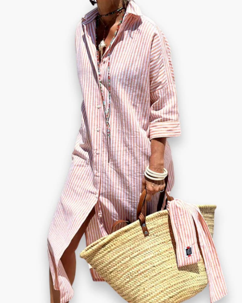 Robe chemise maxi fluide élégante femme à rayures, idéale pour un look d'été chic et décontracté.