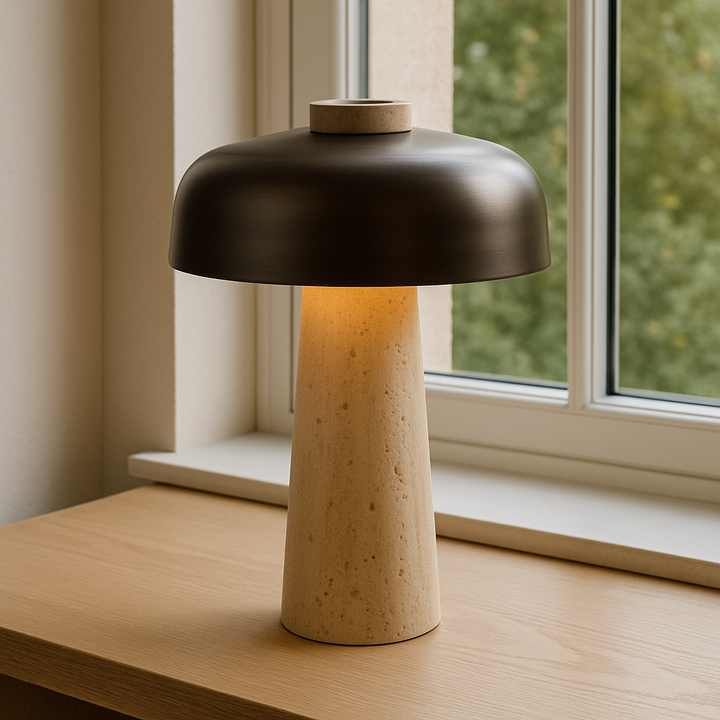 Lampe de table minimaliste en travertin, design moderne. Éclairage décoratif pour salon et chambre.