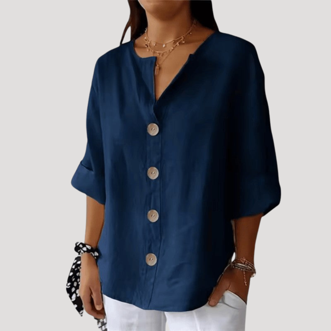 Blouse femme à col V et boutons, style décontracté chic. Parfaite pour le printemps, l'été ou l'automne.
