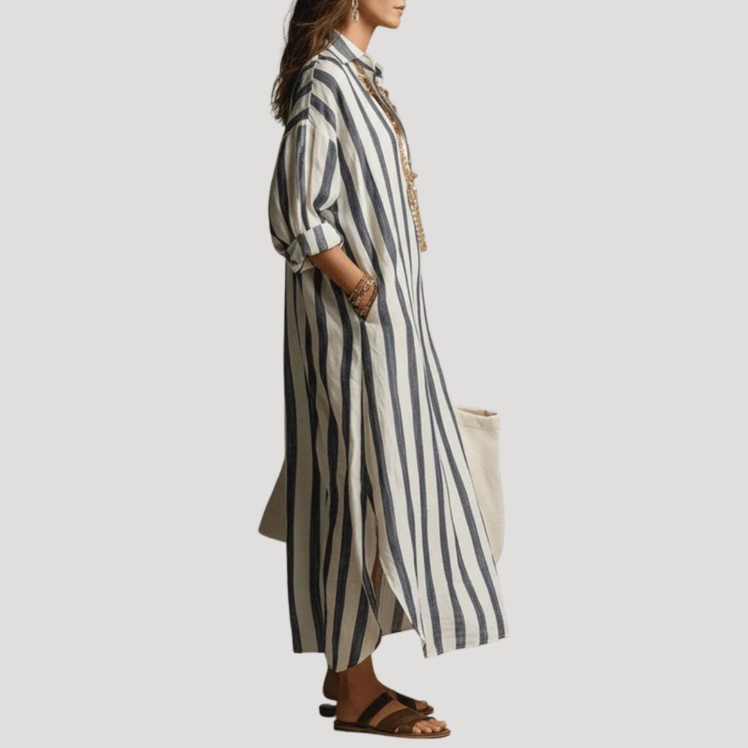 Robe longue chemise rayée femme, élégante et confortable, un must-have mode été.