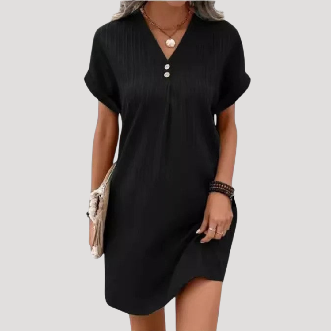 Robe courte décontractée femme, col V. Confortable et élégante pour un look quotidien ou estival moderne.