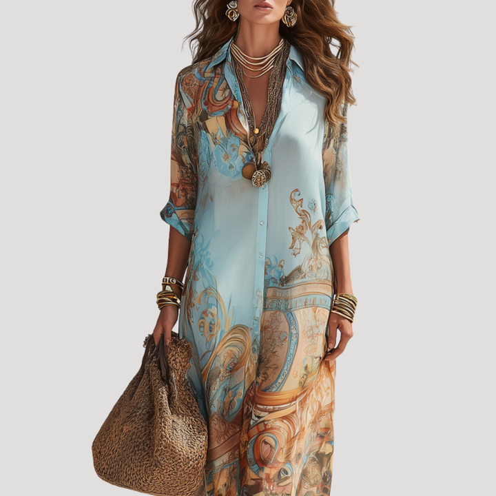 Élégante robe chemise longue femme, imprimé estival fluide, confort optimal pour vacances et sorties décontractées.