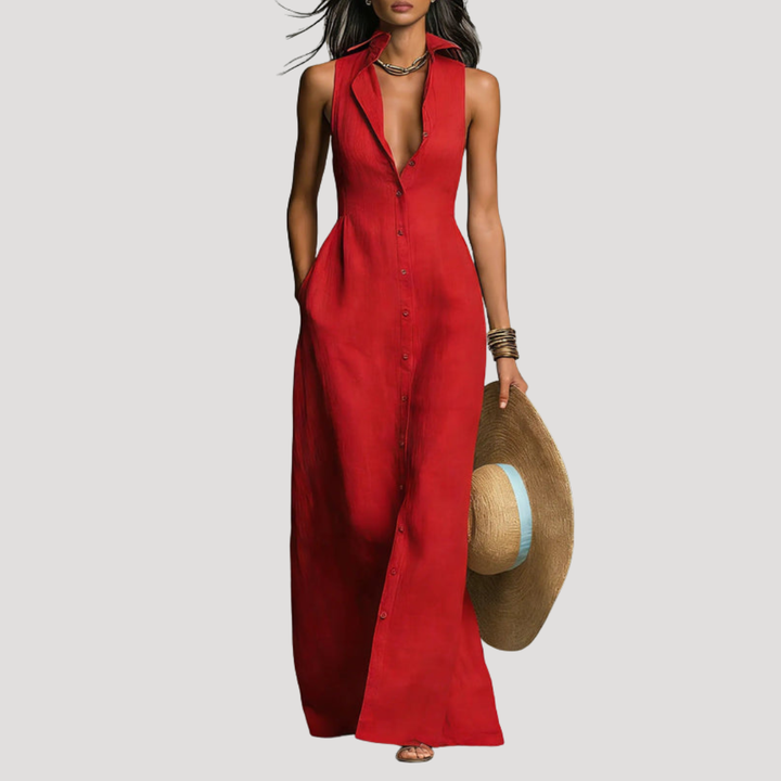 Tenue estivale élégante: robe longue boutonnée sans manches cintrée, style décontracté chic pour femme.