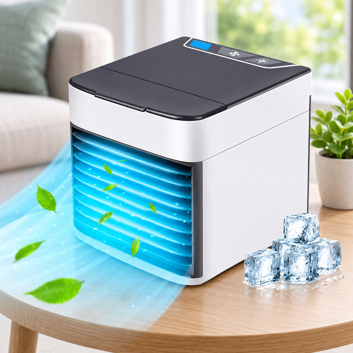 Rafraîchisseur d'air évaporatif portable et compact USB, idéal pour bureau ou maison. Procure un air frais silencieusement.