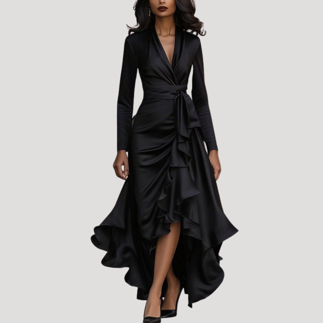 Robe élégante longue portefeuille pour femmes, à manches. Tissu fluide, coupe moderne, idéale pour une soirée chic ou look quotidien.