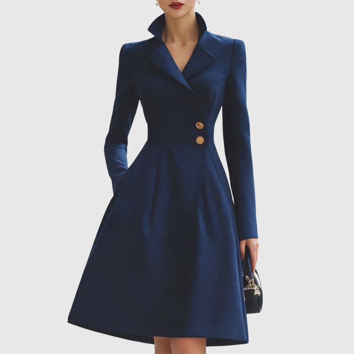 Robe blazer femme bleu marine cintrée, élégante, à manches longues, idéale pour tenue professionnelle ou soirée chic.