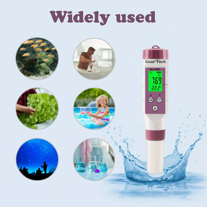 Appareil d'analyse eau piscine : pH, chlore, ORP, EC, TDS, salinité, température. Suivi qualité numérique.