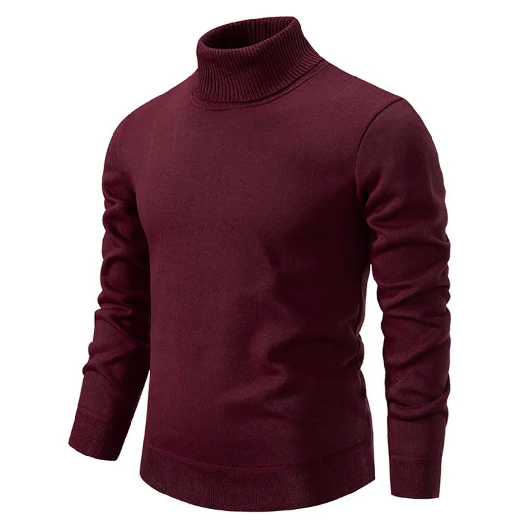 Homme en pull col roulé et jean. Look hivernal décontracté chic, vêtement chaud et confortable pour la mode masculine.