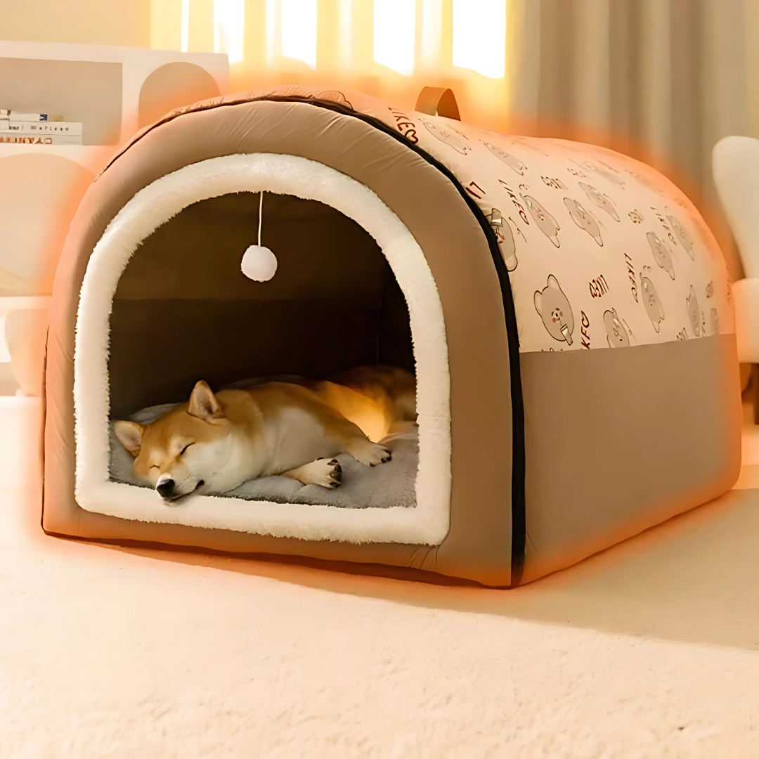 Maison douillette SnugPod en peluche pour chien et chat, lit intérieur confortable, refuge animal chaud pour l'hiver.