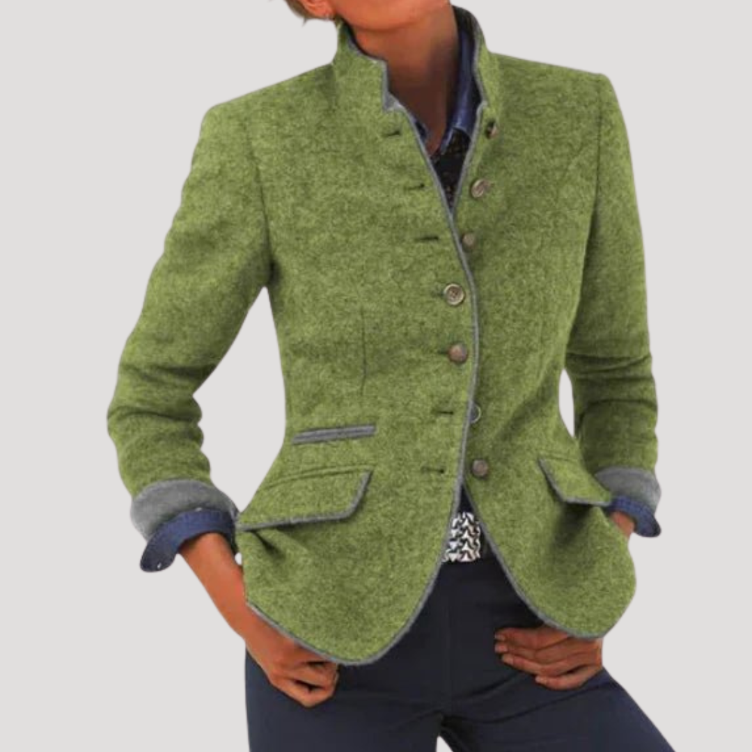 Blazer femme professionnel boutonné, coupe vintage, chic et tendance pour bureau.