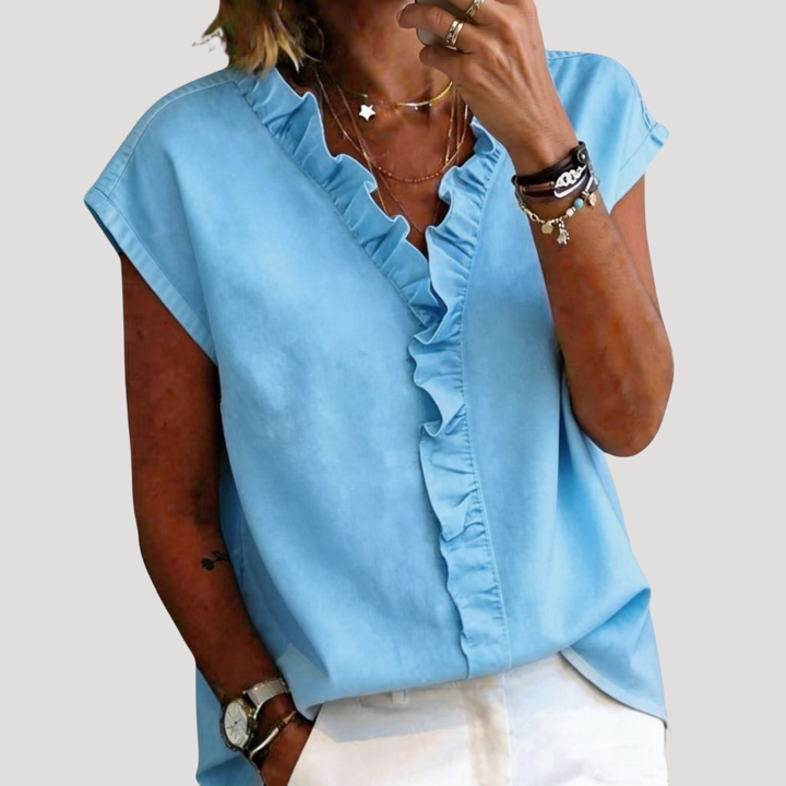 Top femme mode, blouse élégante à volants aux manches courtes, pour une tenue printanière décontractée.