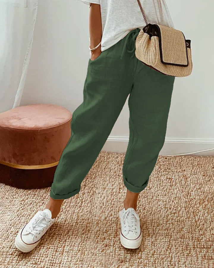 Pantalon femme en lin léger, taille ajustable, pour un look élégant et décontracté, parfait printemps/été.