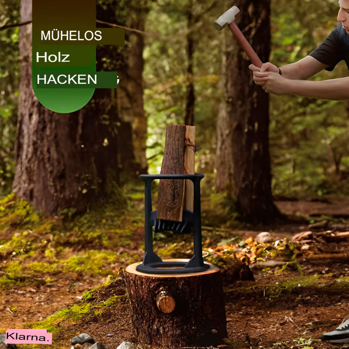 Fendeur de bois manuel avec tas de bois de chauffage. Prêt pour cheminée, foyer ou camping.