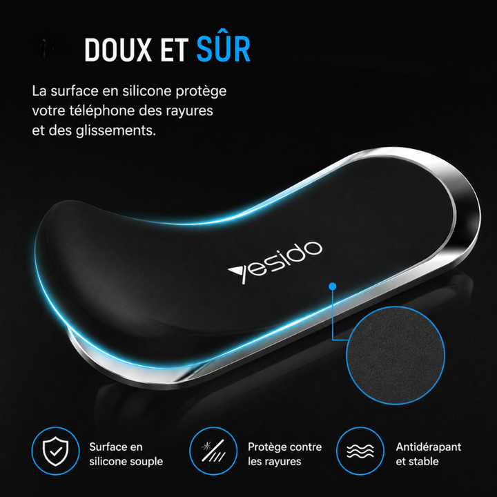 Support magnétique téléphone voiture argent noir, fixation adhésive solide pour smartphone.