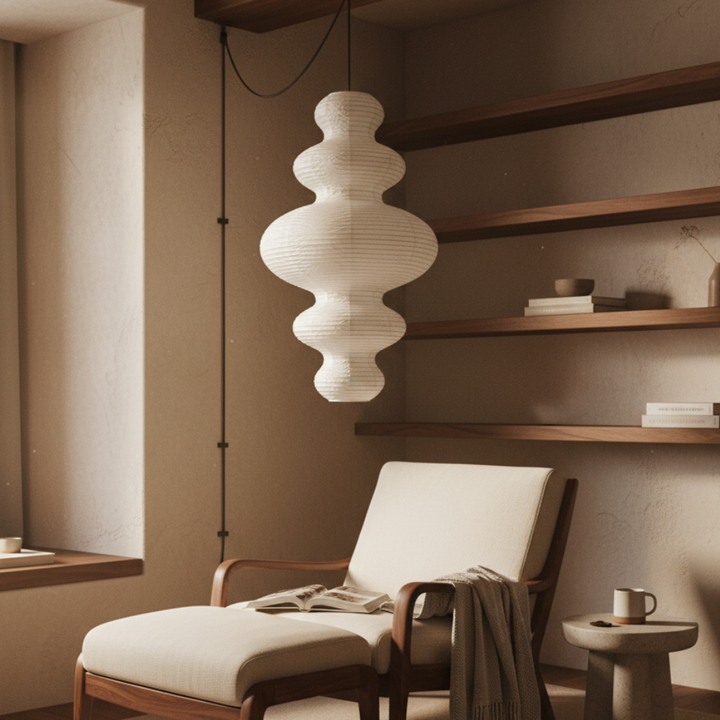 Éclairage intérieur avec lampe Akari Juni, luminaire suspendu, style scandinave, lumière douce.