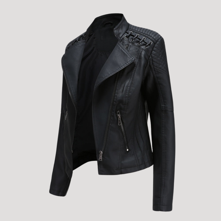 Veste femme biker ajustée, sublime la silhouette. Parfaite pour un look motard chic et tendance.