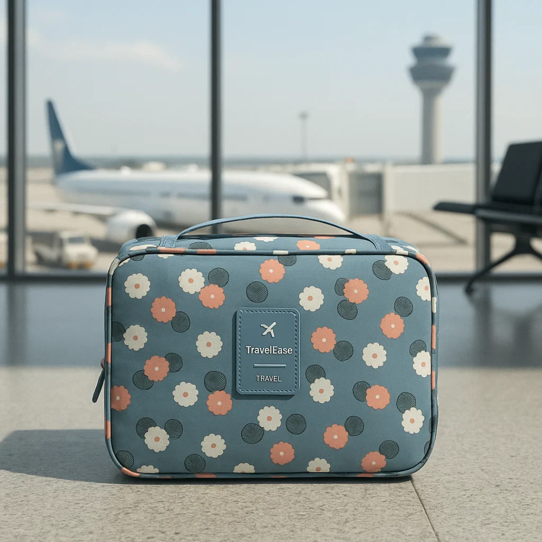 Trousse de voyage indispensable, imperméable avec crochet, motif fleurs colorées.