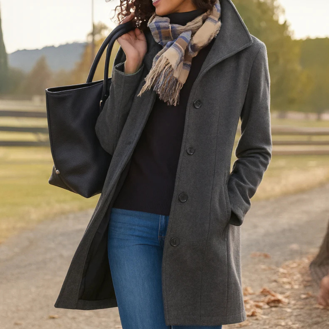Trench-coat élégant pour femme, modèle long avec boutons, essentiel du vestiaire féminin chic.