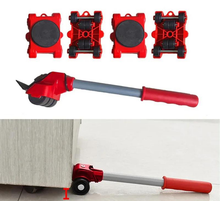 Utilisation du set de déplacement Liftaro: soulever un canapé et le déplacer avec les roulettes sous meuble.
