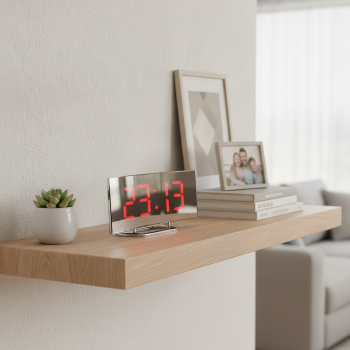 Horloge réveil LED incurvée élégante, design contemporain et fonction snooze, parfaite pour la décoration.