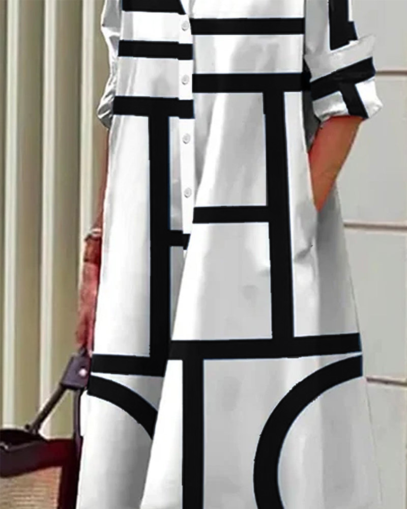 Adoptez la robe Estelle: coupe élégante, imprimé géométrique, poches, pour un style décontracté chic.