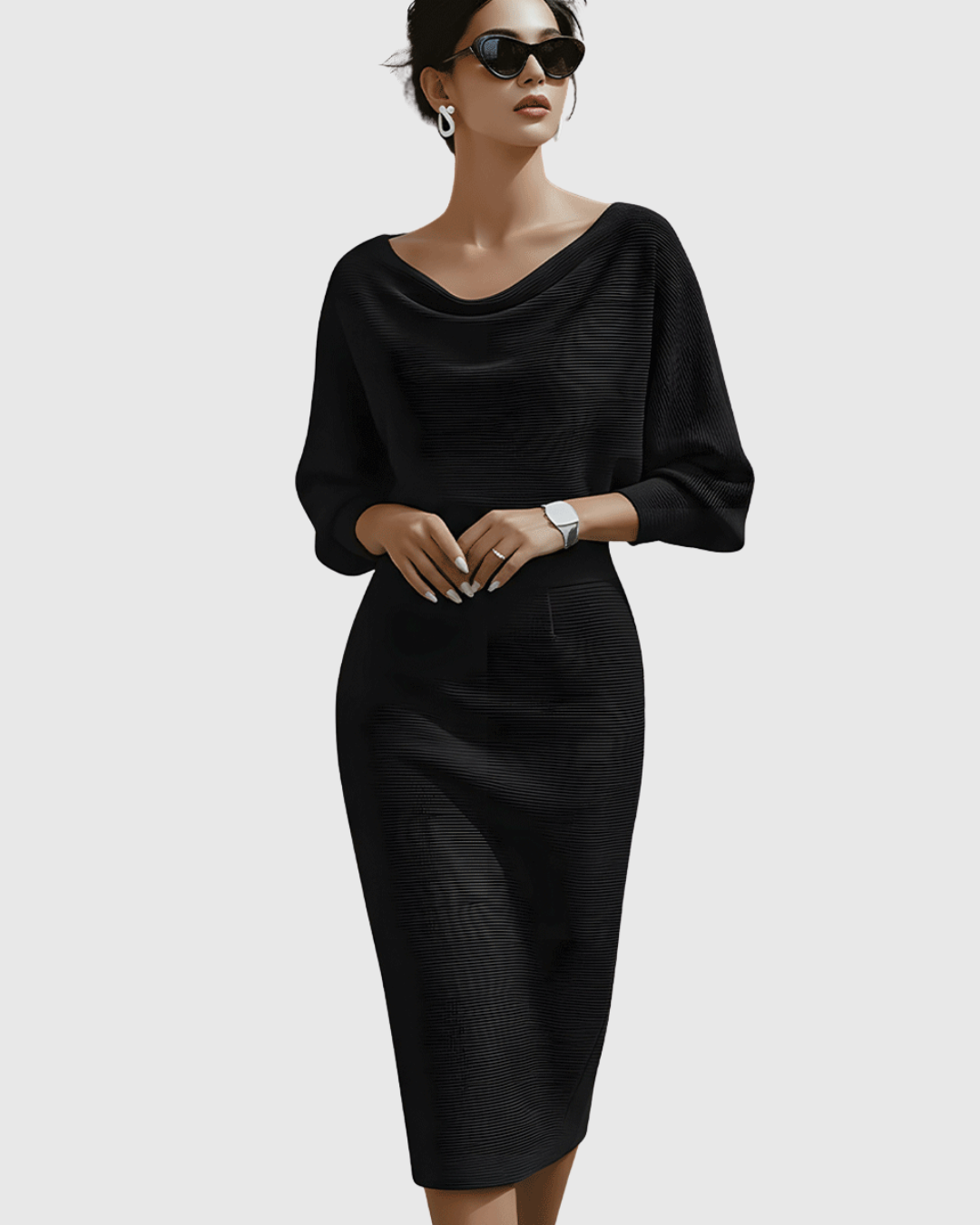 Robe midi élégante avec drapé raffiné. Robe femme chic et fluide, adaptée à diverses occasions spéciales.