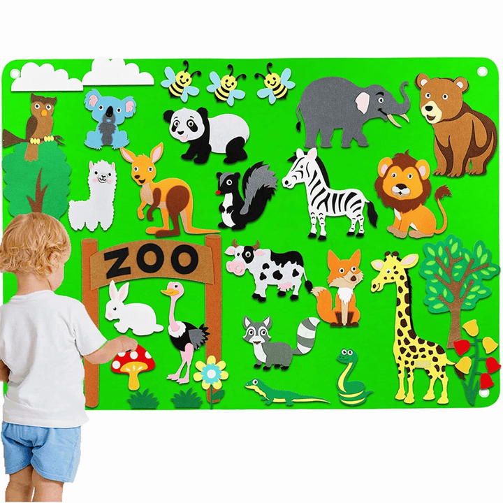 Pièces en feutre colorées pour tableau interactif, encourageant la créativité et le développement des enfants.