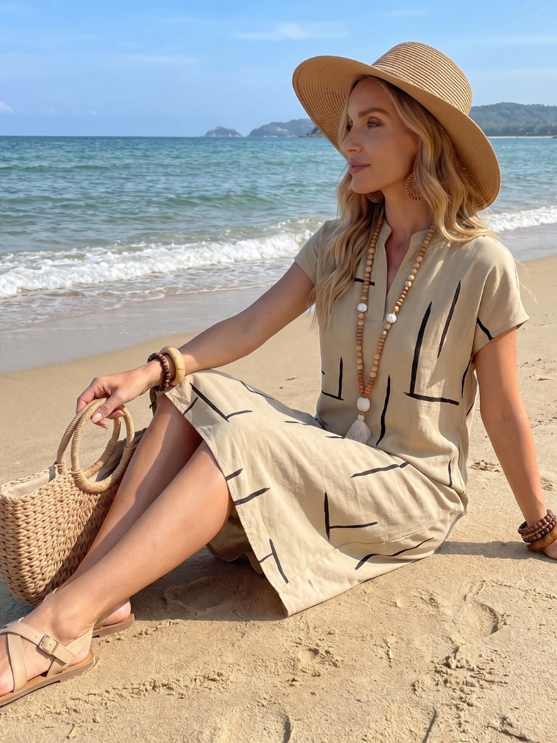Robe midi moderne pour femme, en coton lin, imprimé géométrique contemporain, parfaite pour le printemps.
