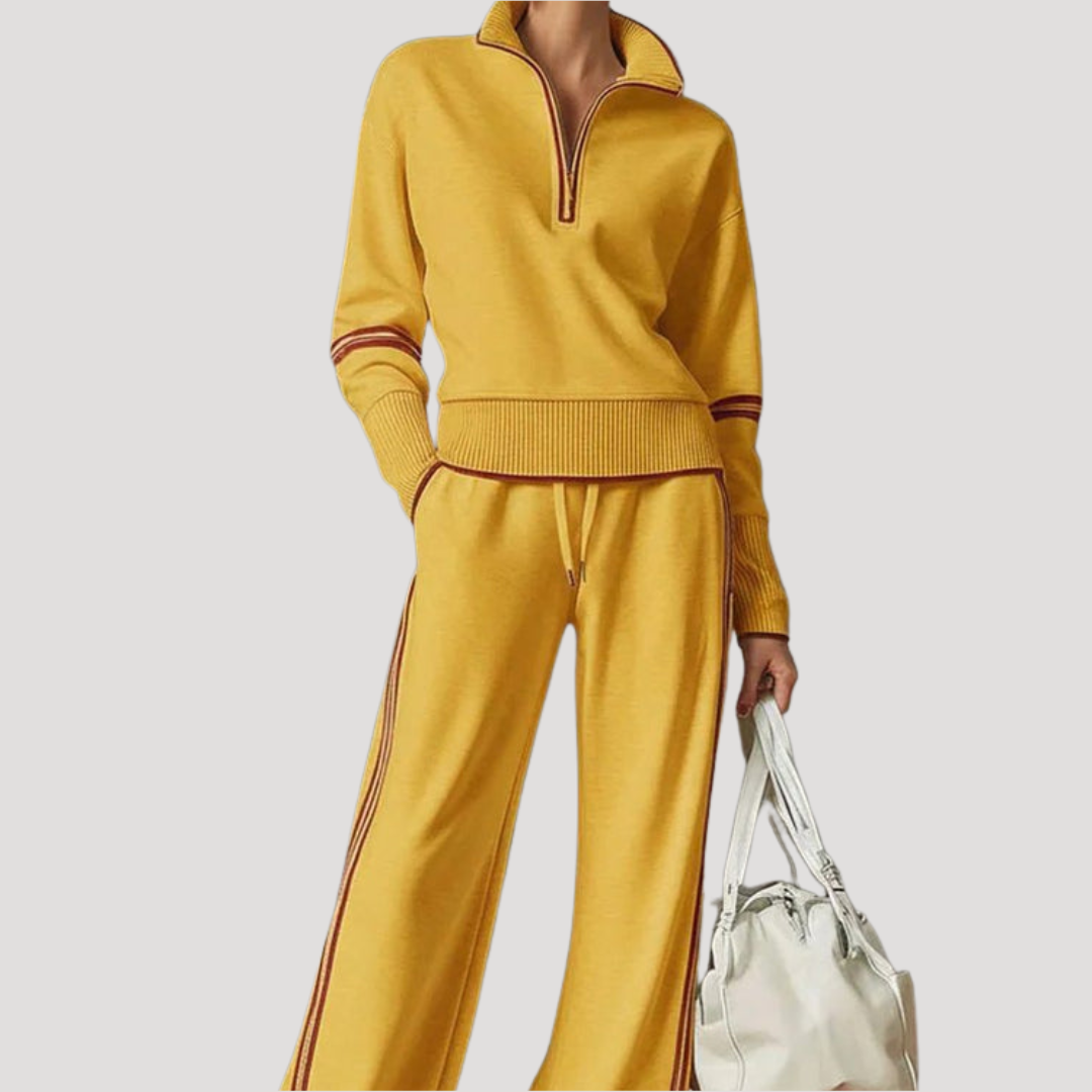 Ensemble polyvalent femme : pull maille col zippé et pantalon fluide large. Idéal mode décontractée ou chic.