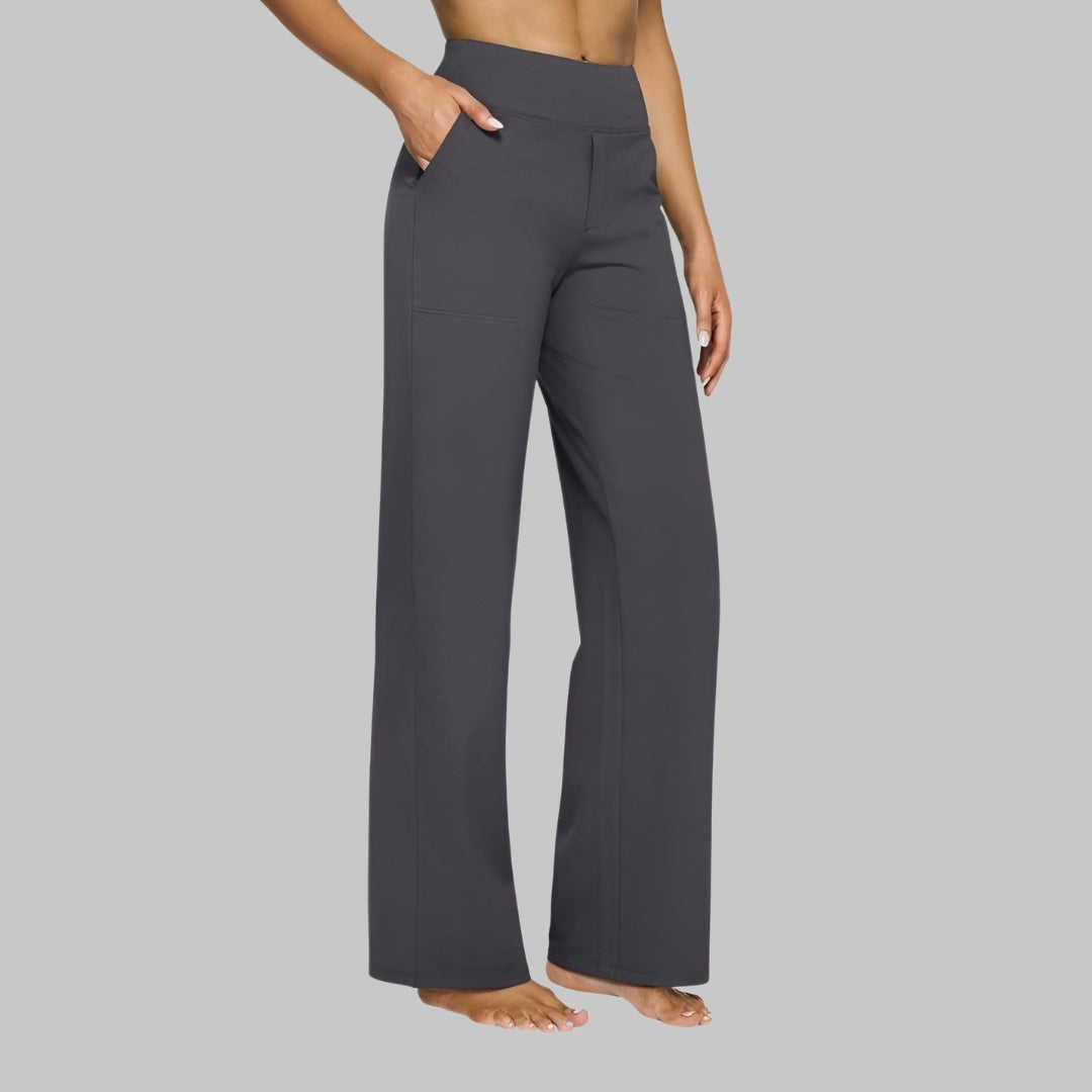 Vêtement féminin: pantalon taille haute stretch, polyvalent et parfait pour voyager avec style.