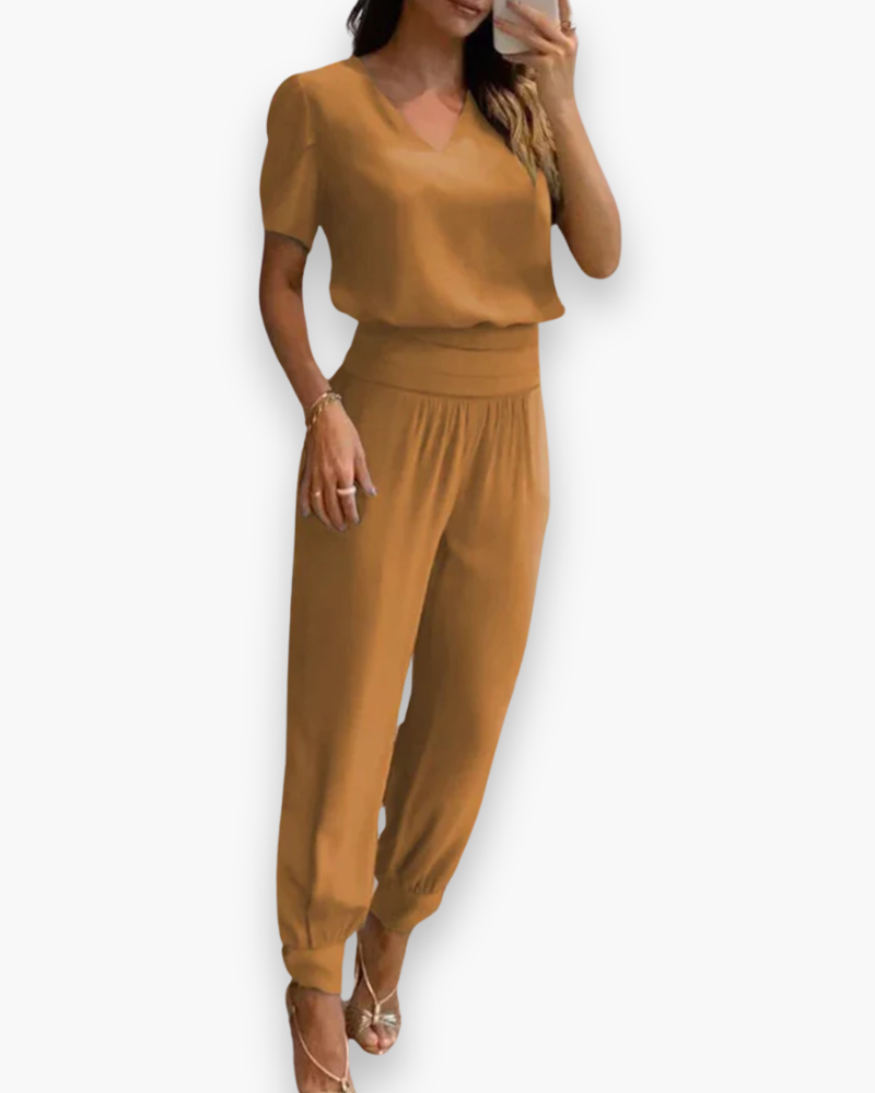Combinaison élégante à col-V pour femme, style ajusté et polyvalent mode prêt-à-porter, très confortable.