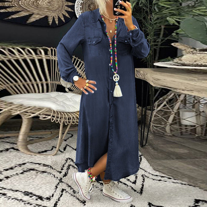 Robe femme maxi en denim, coupe fluide et confortable, dotée de manches longues et d'un col V, pour printemps/automne.