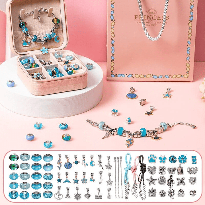 Boîte de rangement avec kit de création de bijoux DIY pour filles. Bracelets personnalisés avec perles et breloques.