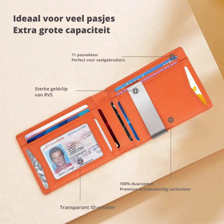 Vue intérieure: Portefeuille homme compact avec nombreux porte-cartes, protection RFID efficace.